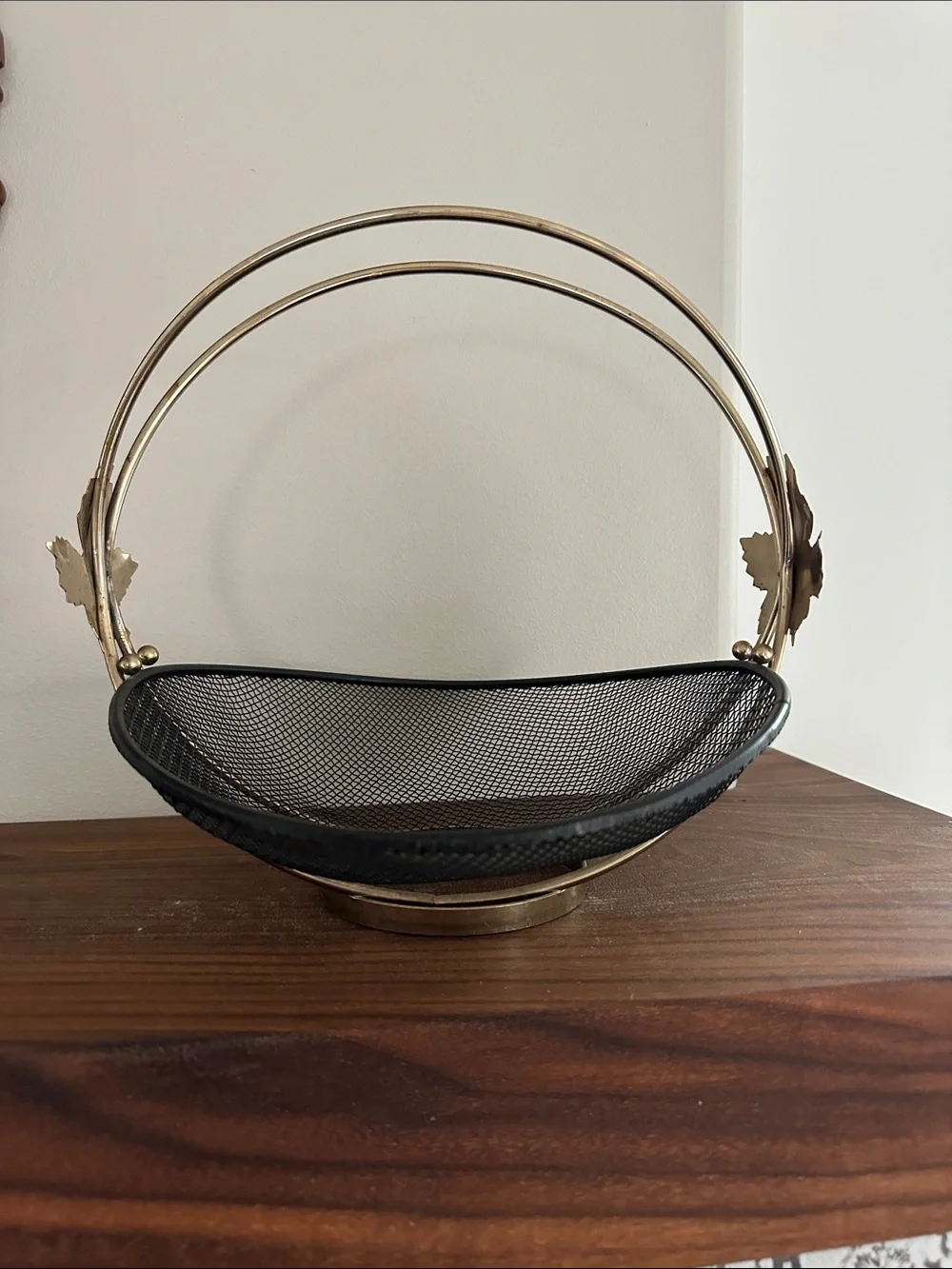 Vintage MCM Black Wire Mesh Fruit Basket Caddy with Brass Leaf Handle